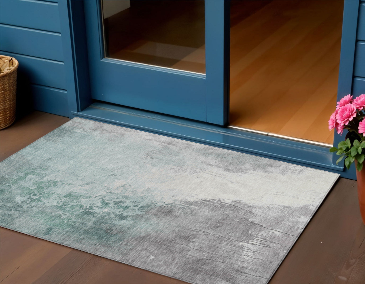 3 X 5 Pale Aqua And Gray Abstract Washable Indoor Outdoor Area Rug
