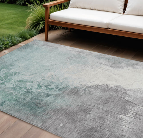 10 X 14 Pale Aqua And Gray Abstract Washable Indoor Outdoor Area Rug