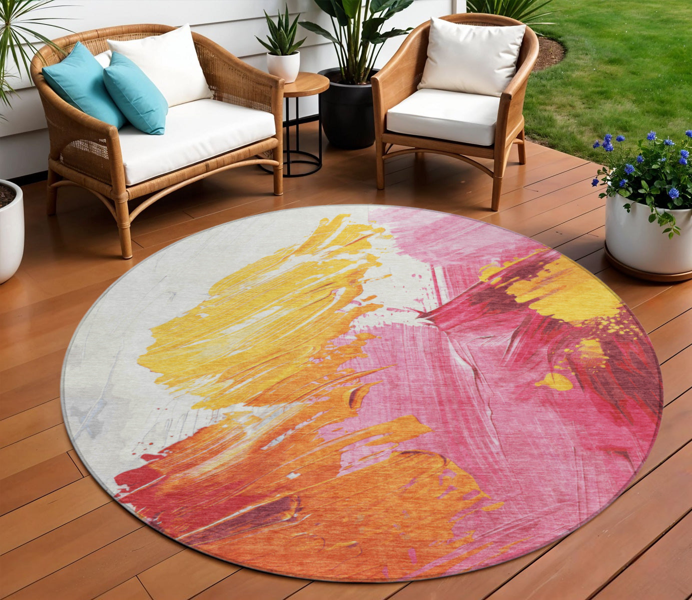 8 Blush Gold And Orange Round Abstract Washable Indoor Outdoor Area Rug