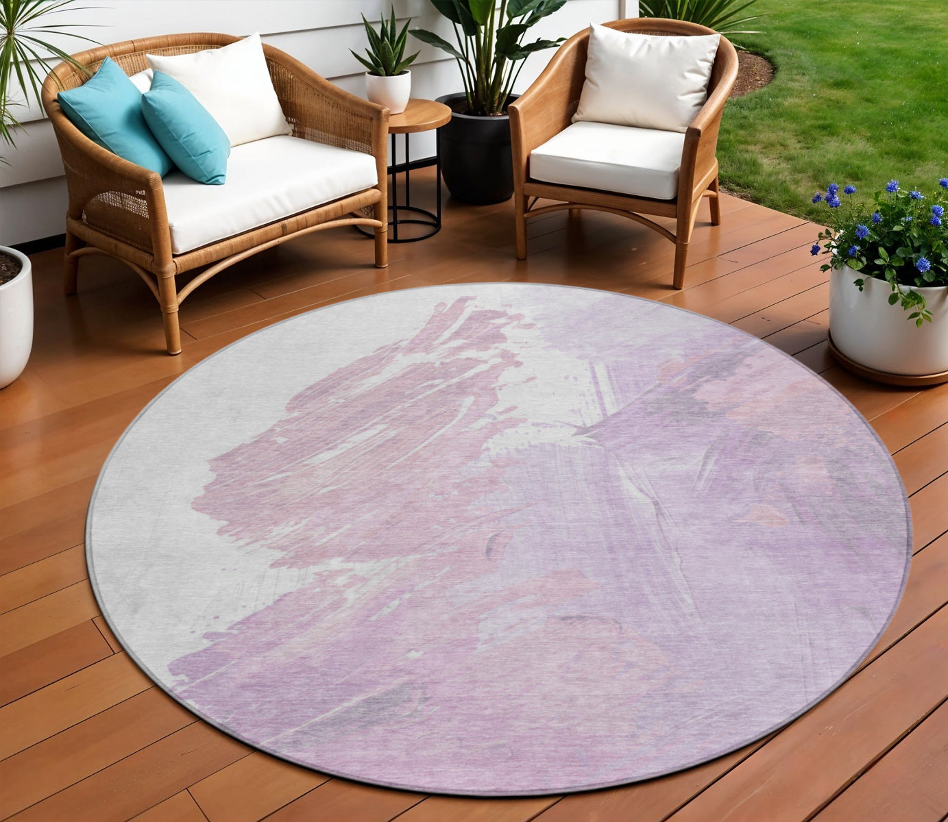 8 Lavender Ivory And Mauve Round Abstract Washable Indoor Outdoor Area Rug