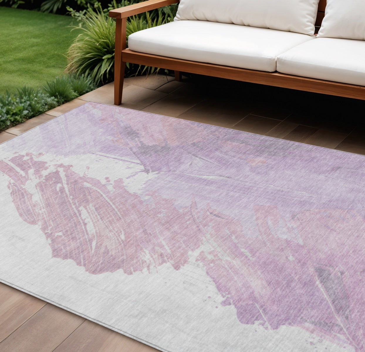 9 X 12 Lavender Ivory And Mauve Abstract Washable Indoor Outdoor Area Rug
