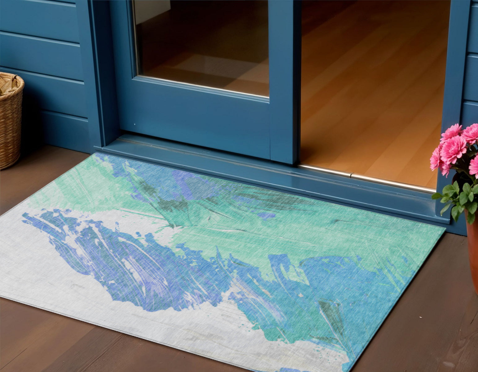 3 X 5 Pale Aqua Mint Green And Ivory Abstract Washable Indoor Outdoor Area Rug