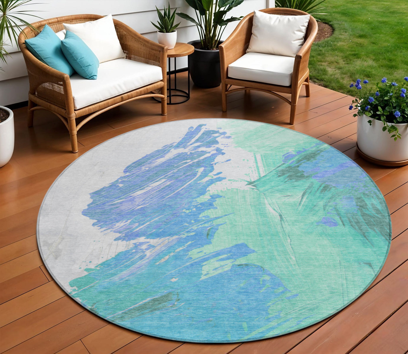 8 Pale Aqua Mint Green And Ivory Round Abstract Washable Indoor Outdoor Area Rug