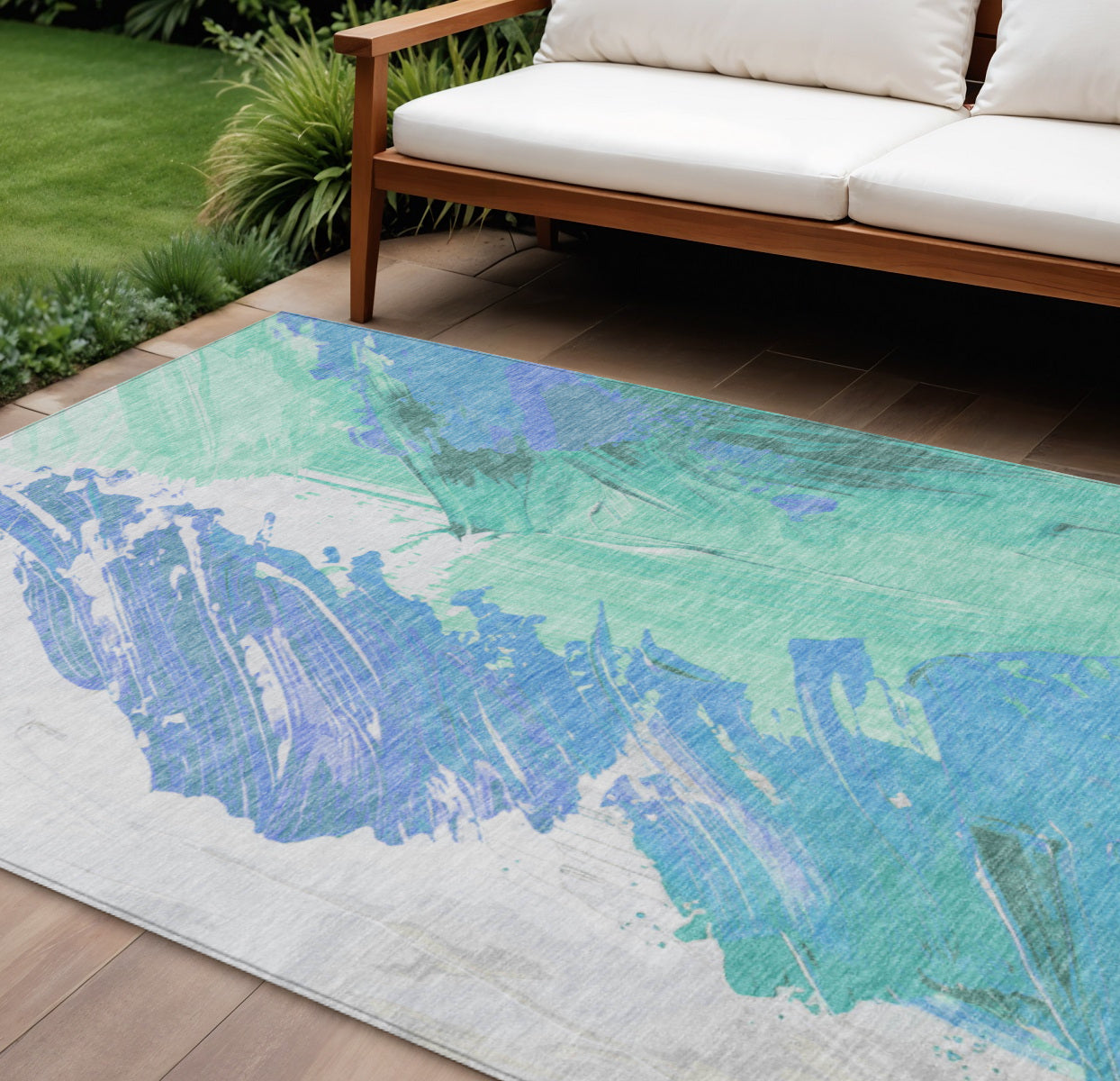 8 X 10 Pale Aqua Mint Green And Ivory Abstract Washable Indoor Outdoor Area Rug