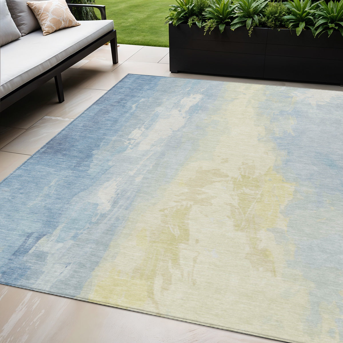 5 X 8 Denim Blue And Beige Abstract Washable Indoor Outdoor Area Rug