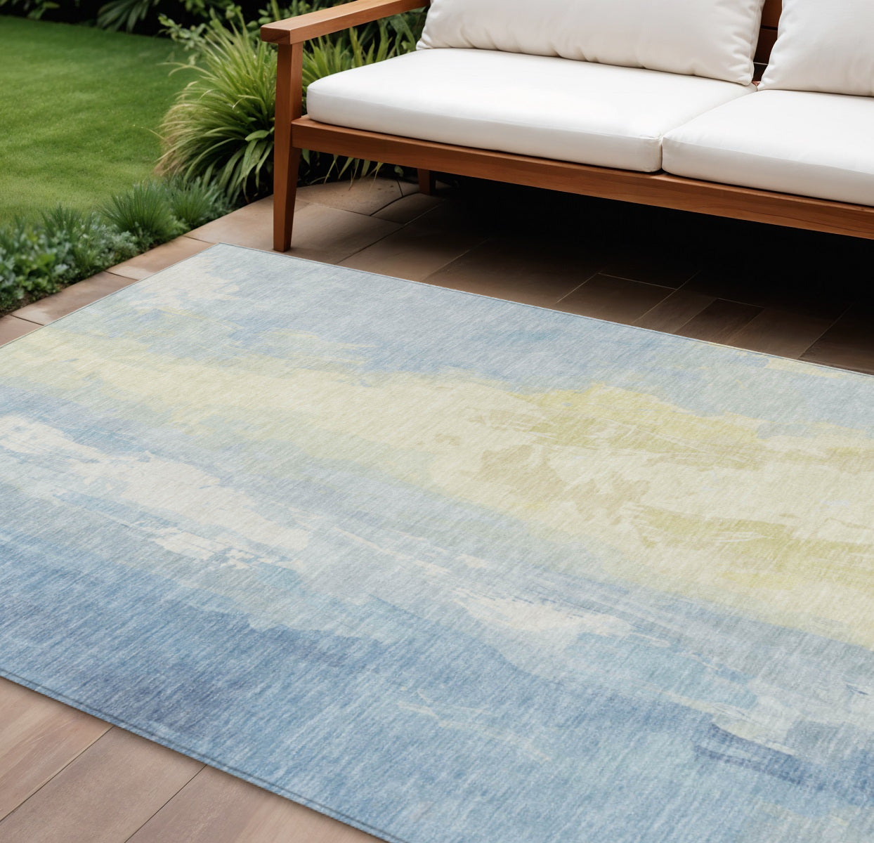 9 X 12 Denim Blue And Beige Abstract Washable Indoor Outdoor Area Rug