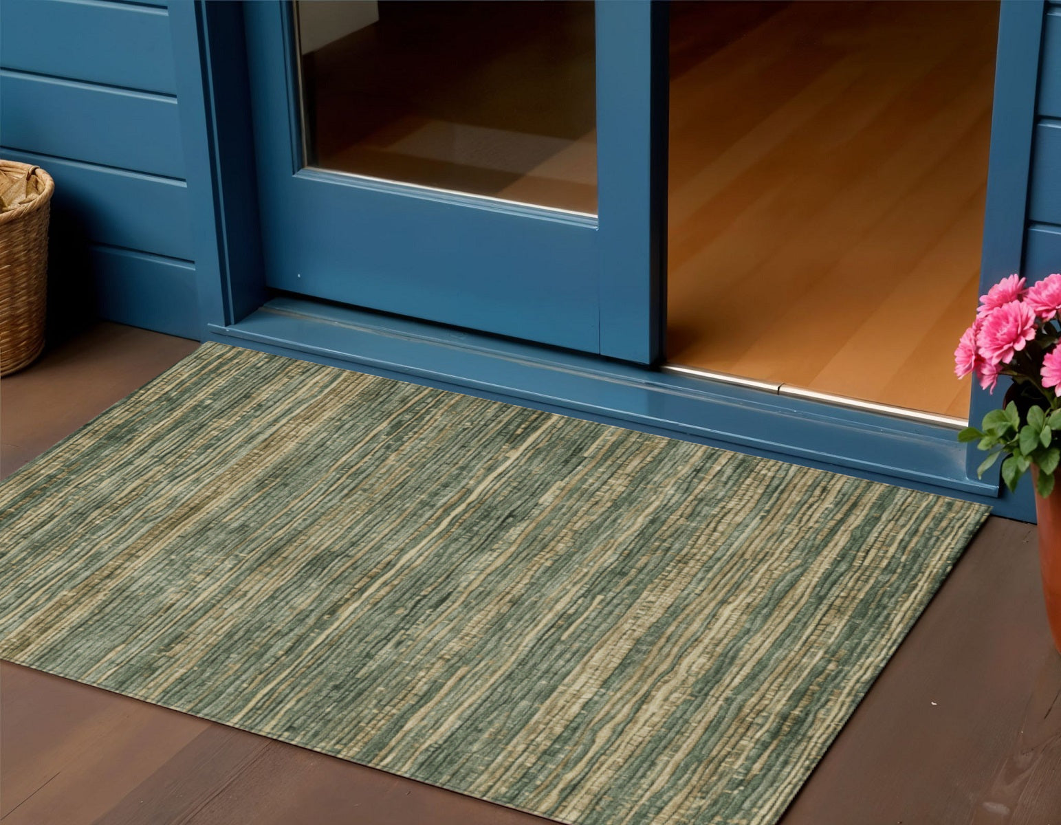 3 X 5 Fern Green And Charcoal Striped Washable Indoor Outdoor Area Rug