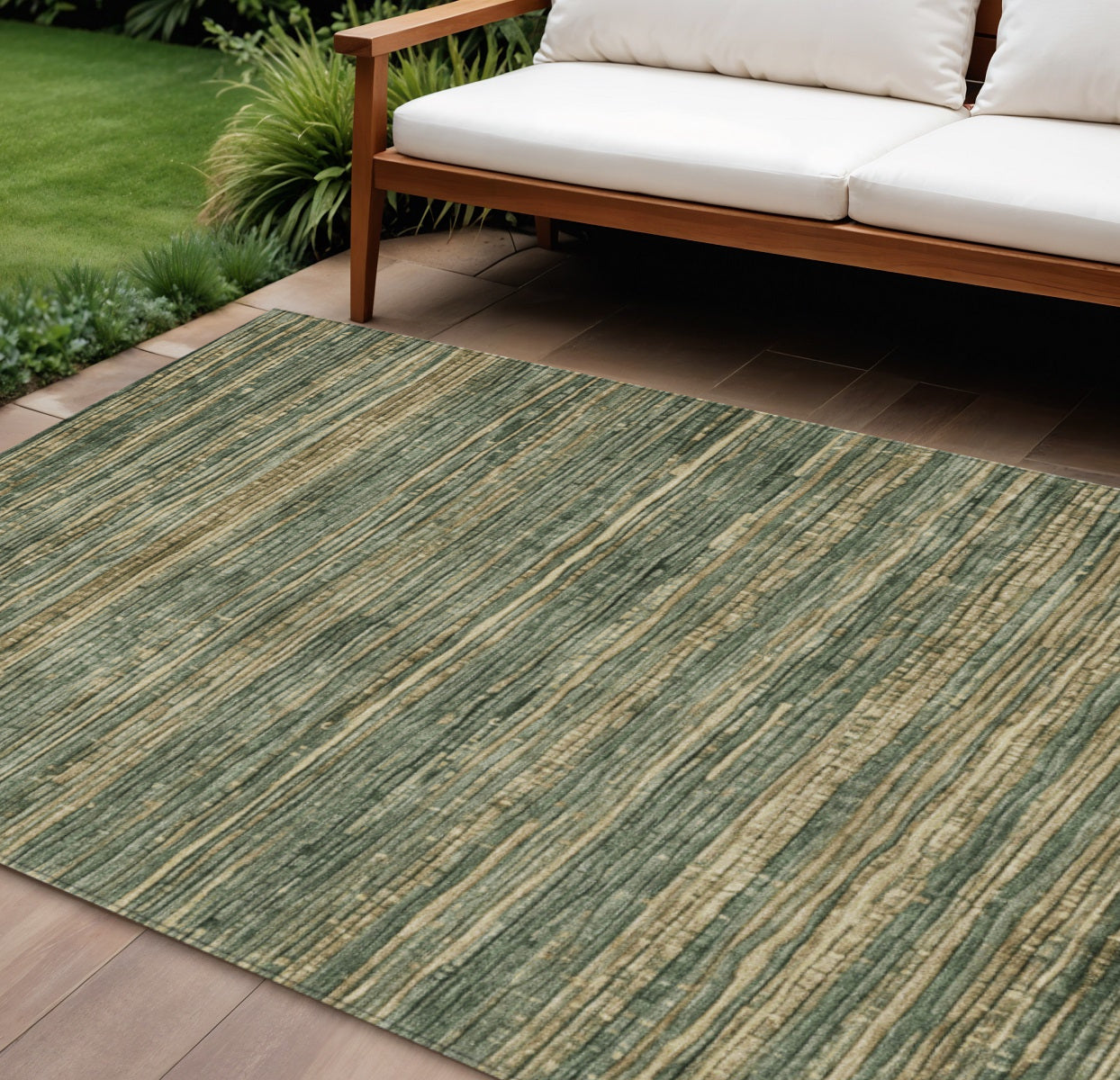 9 X 12 Fern Green And Charcoal Striped Washable Indoor Outdoor Area Rug