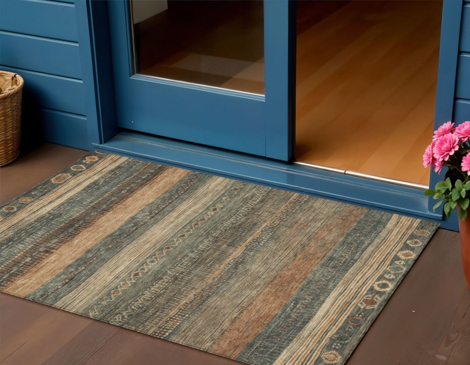 3 X 5 Fern Green And Rust Aztec Washable Indoor Outdoor Area Rug