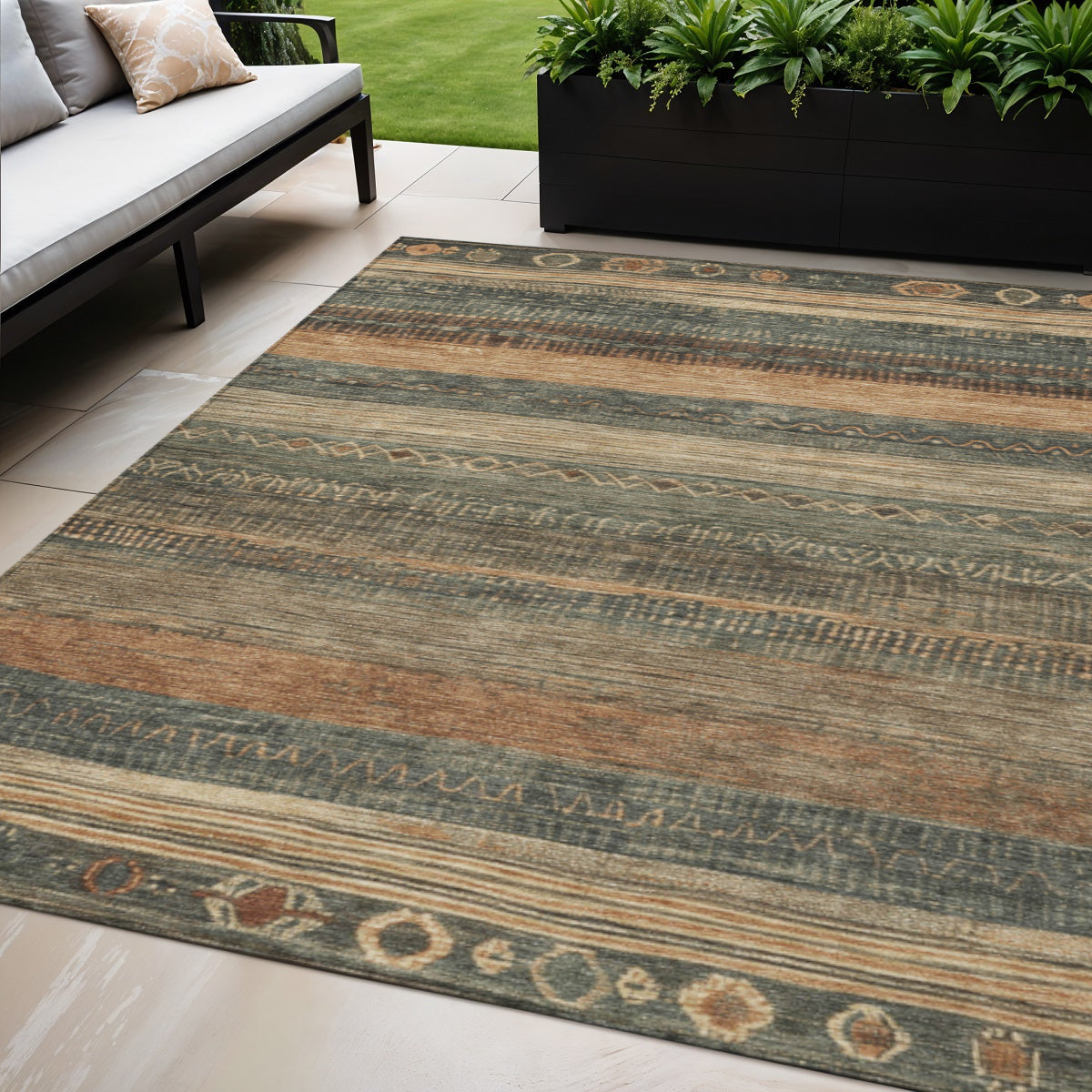 5 X 8 Fern Green And Rust Aztec Washable Indoor Outdoor Area Rug