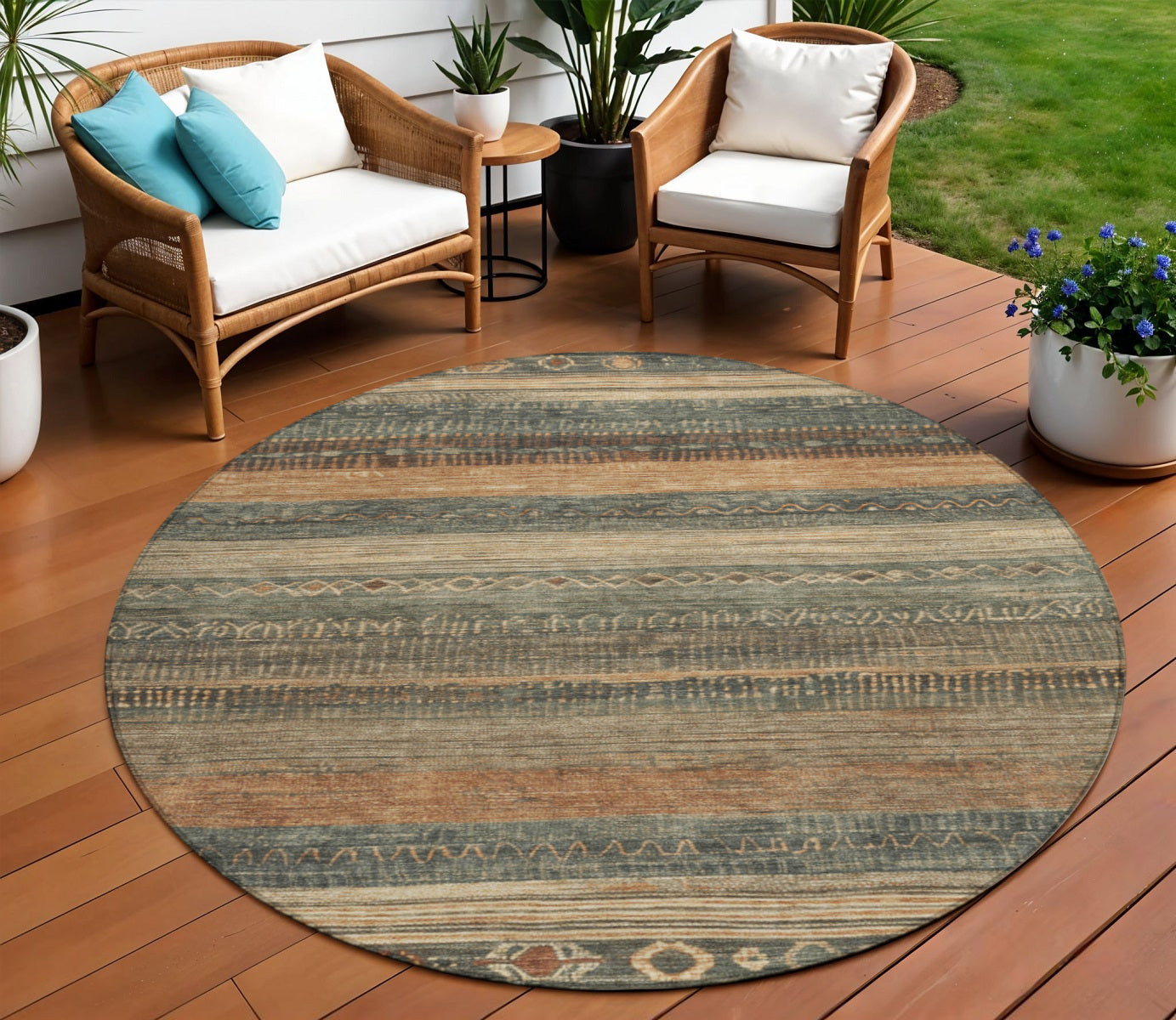 8 Fern Green And Rust Round Aztec Washable Indoor Outdoor Area Rug