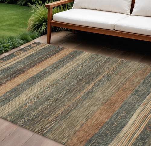 10 X 14 Fern Green And Rust Aztec Washable Indoor Outdoor Area Rug