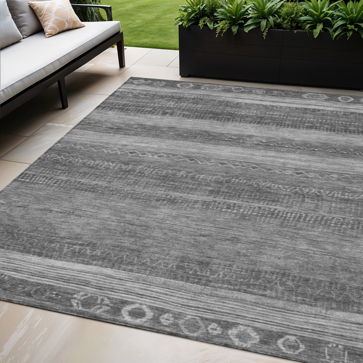 5 X 8 Gray And Silver Aztec Washable Indoor Outdoor Area Rug