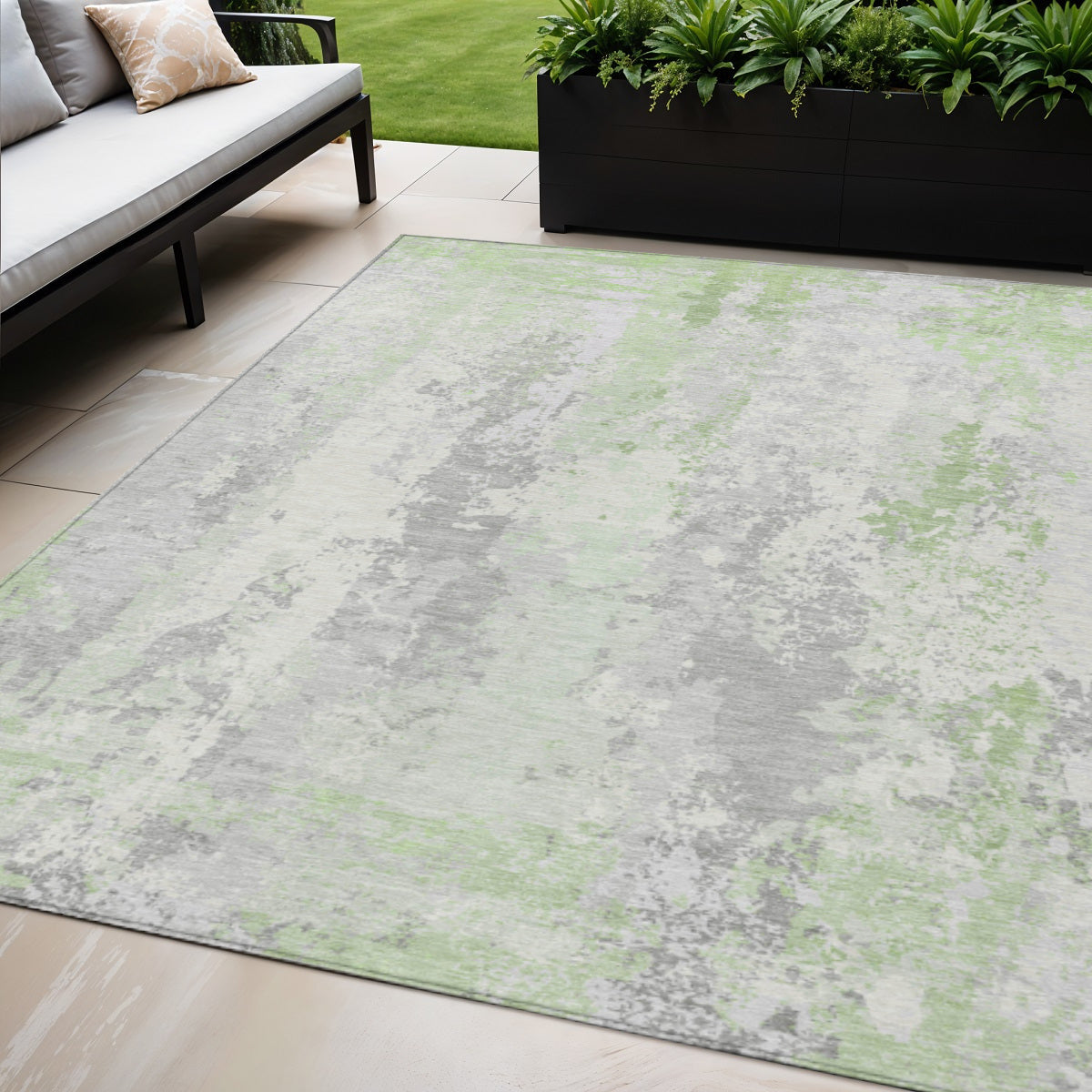 5 X 8 Artichoke Green And Ivory Abstract Washable Indoor Outdoor Area Rug
