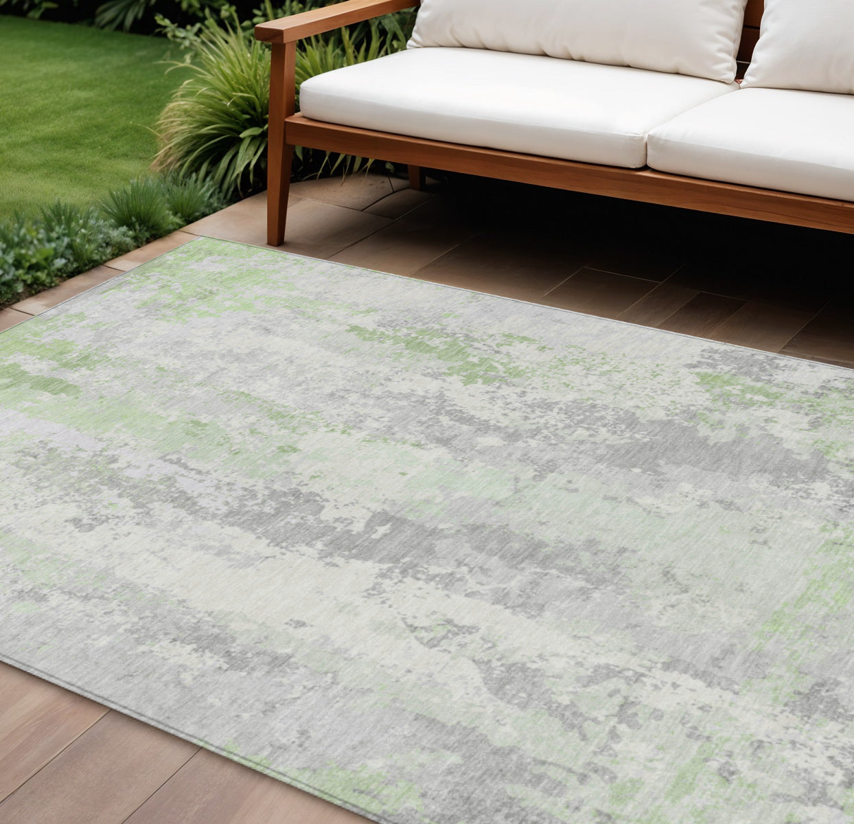9 X 12 Artichoke Green And Ivory Abstract Washable Indoor Outdoor Area Rug