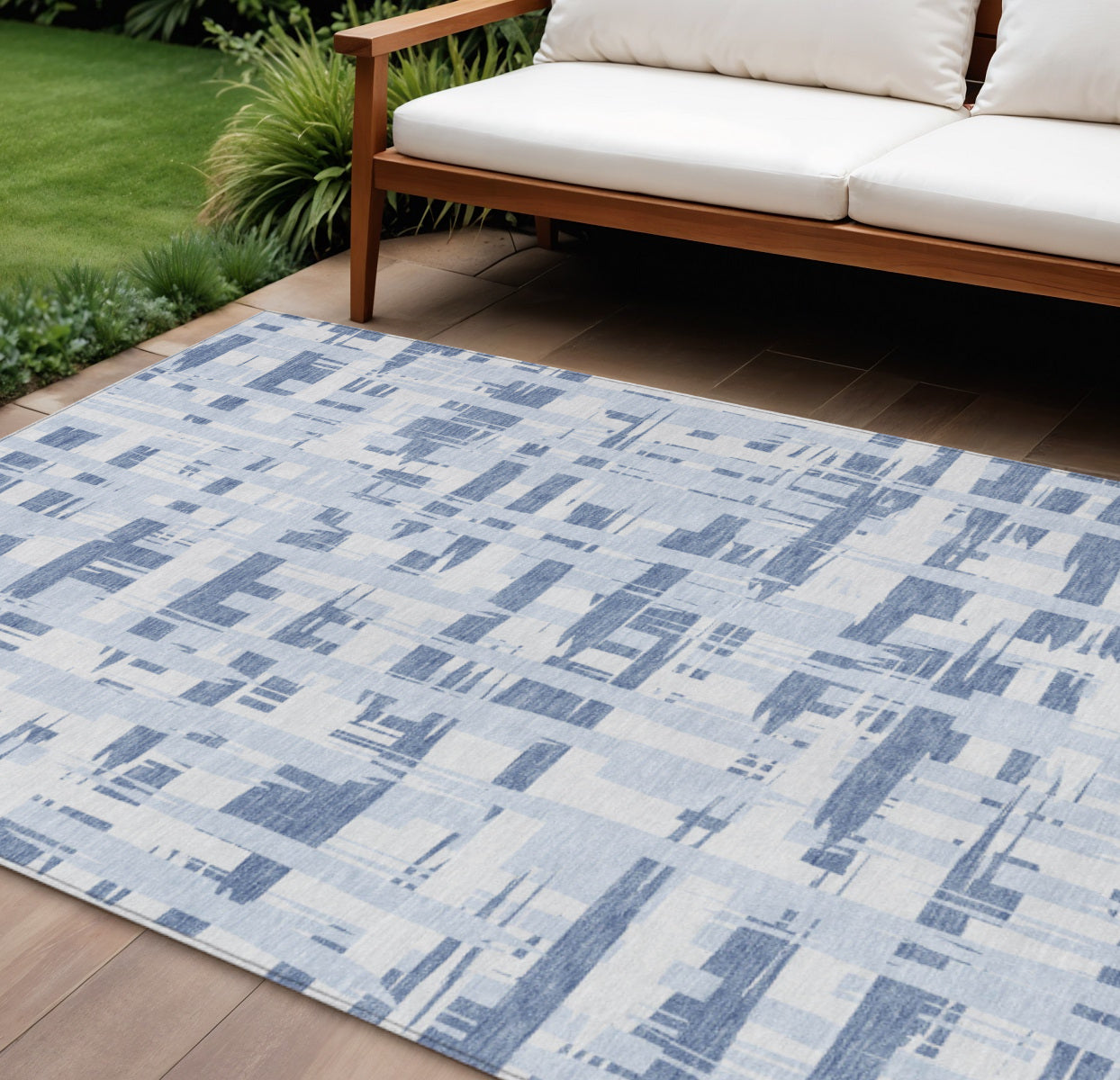 8 X 10 Blue Ivory And Sky Blue Striped Washable Indoor Outdoor Area Rug