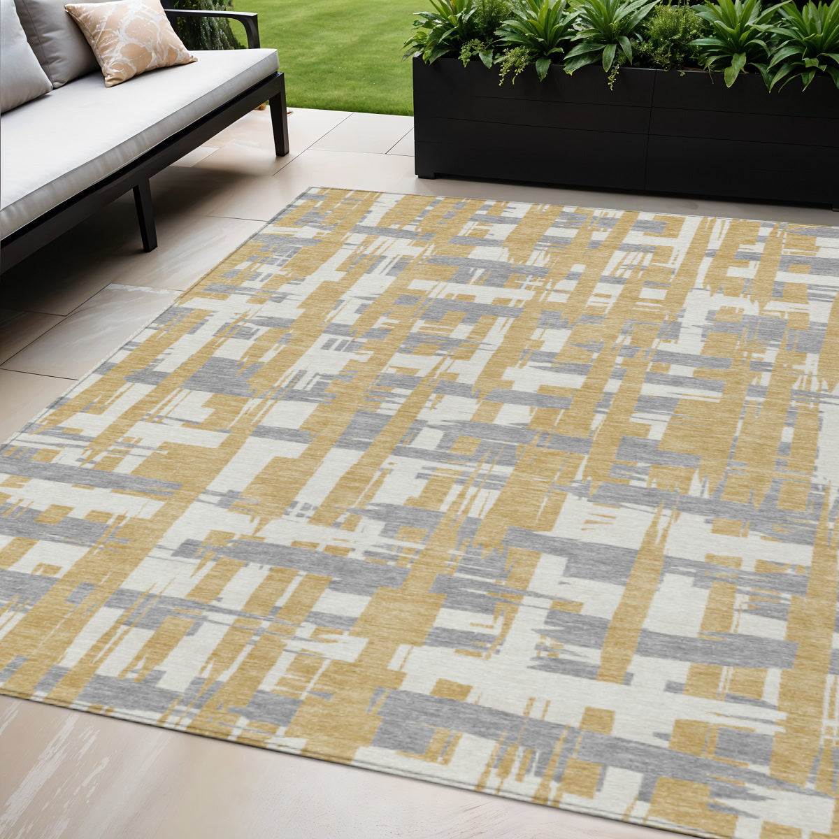 5 X 8 Gold Ivory And Gray Striped Washable Indoor Outdoor Area Rug