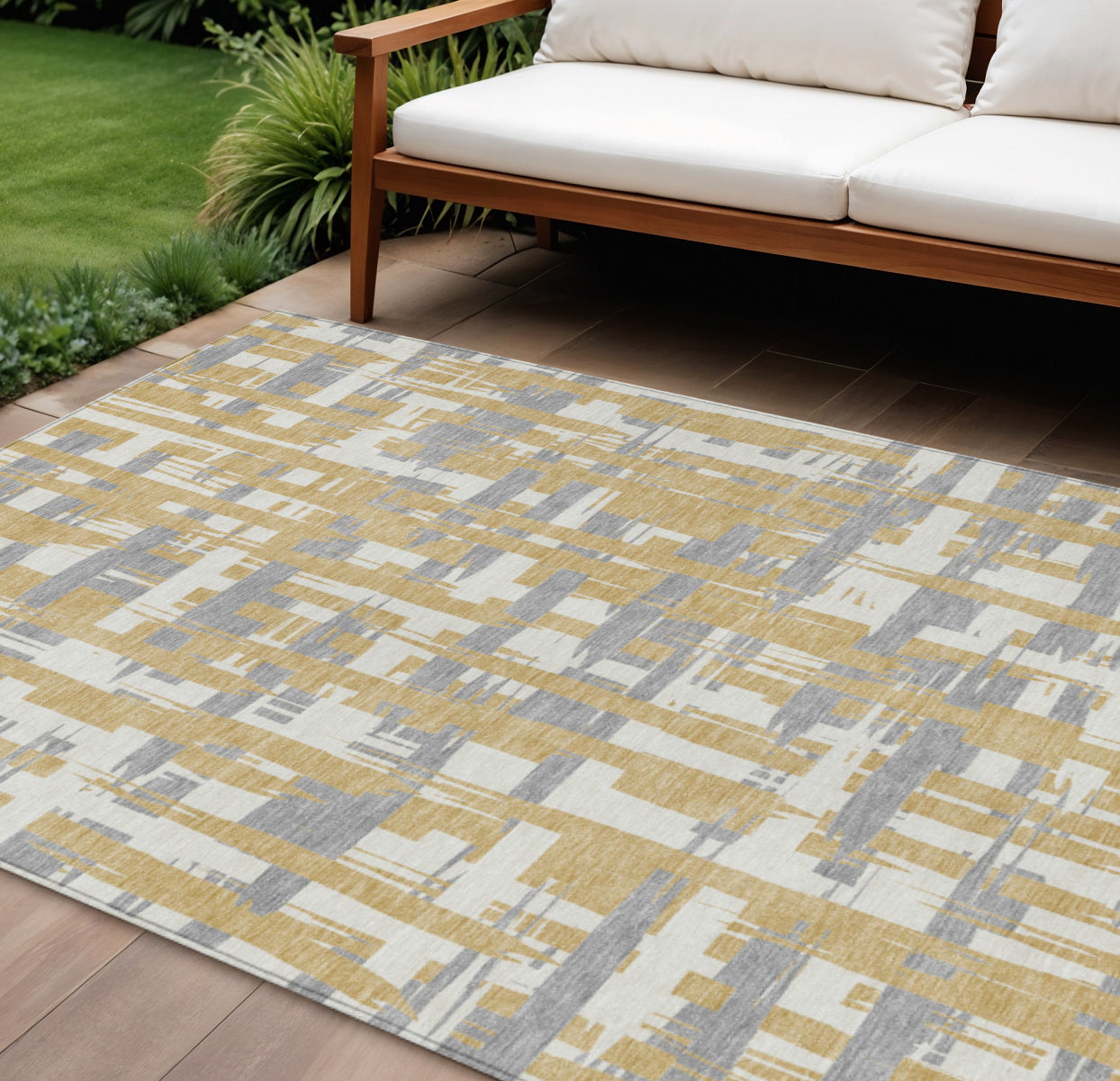10 X 14 Gold Ivory And Gray Striped Washable Indoor Outdoor Area Rug