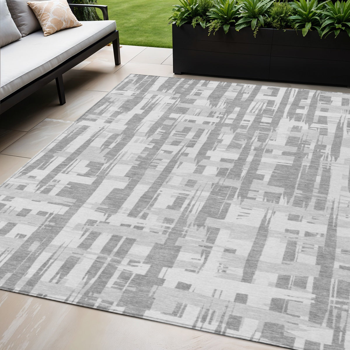 5 X 8 Gray Silver And Ivory Striped Washable Indoor Outdoor Area Rug