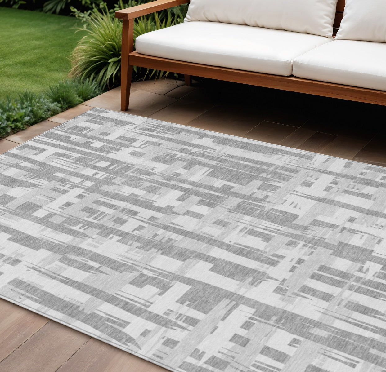 10 X 14 Gray Silver And Ivory Striped Washable Indoor Outdoor Area Rug