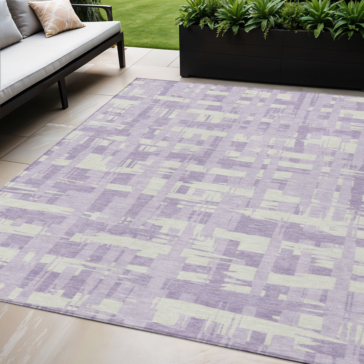 5 X 8 Lavender Lilac And Ivory Striped Washable Indoor Outdoor Area Rug