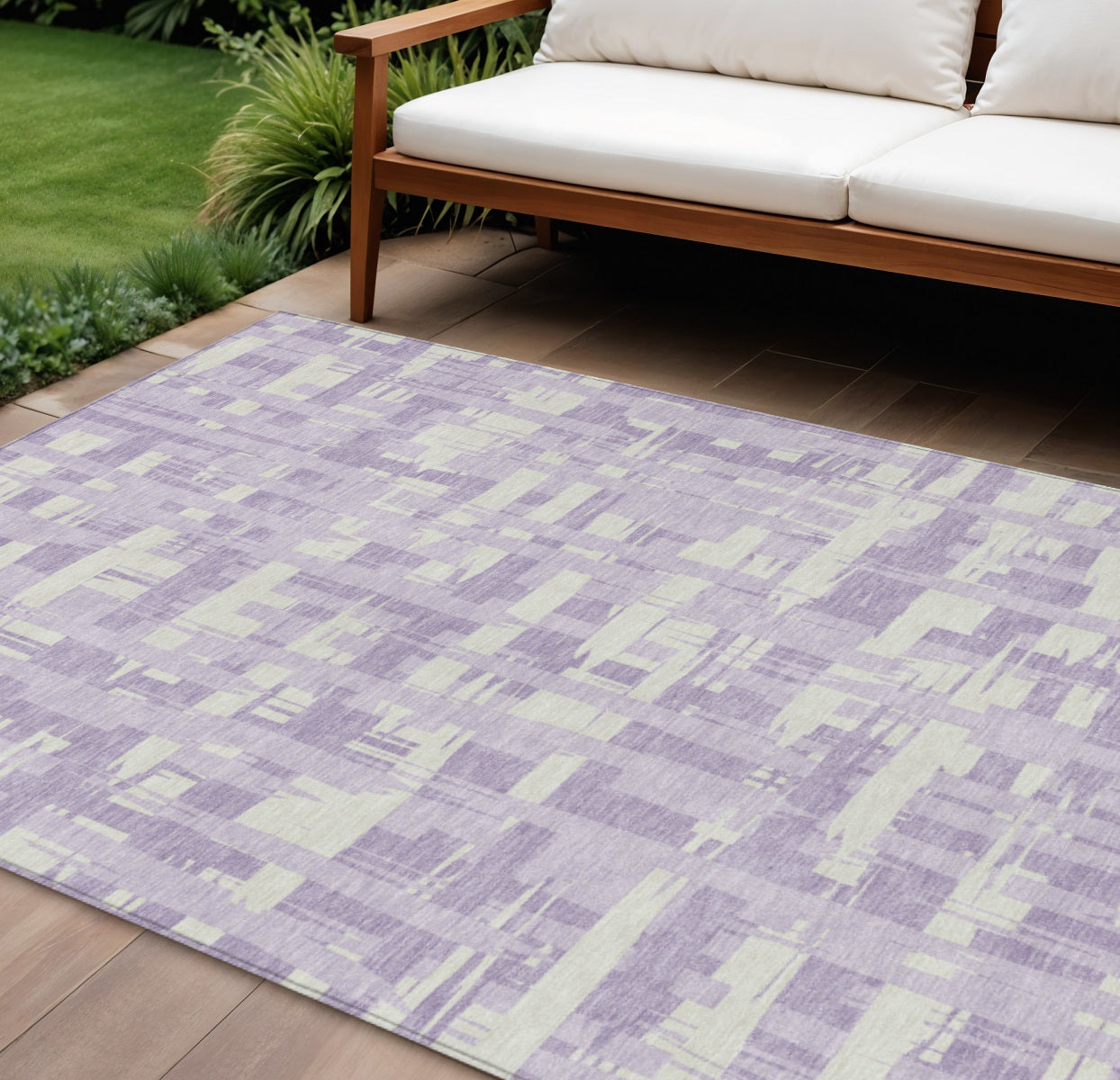 10 X 14 Lavender Lilac And Ivory Striped Washable Indoor Outdoor Area Rug