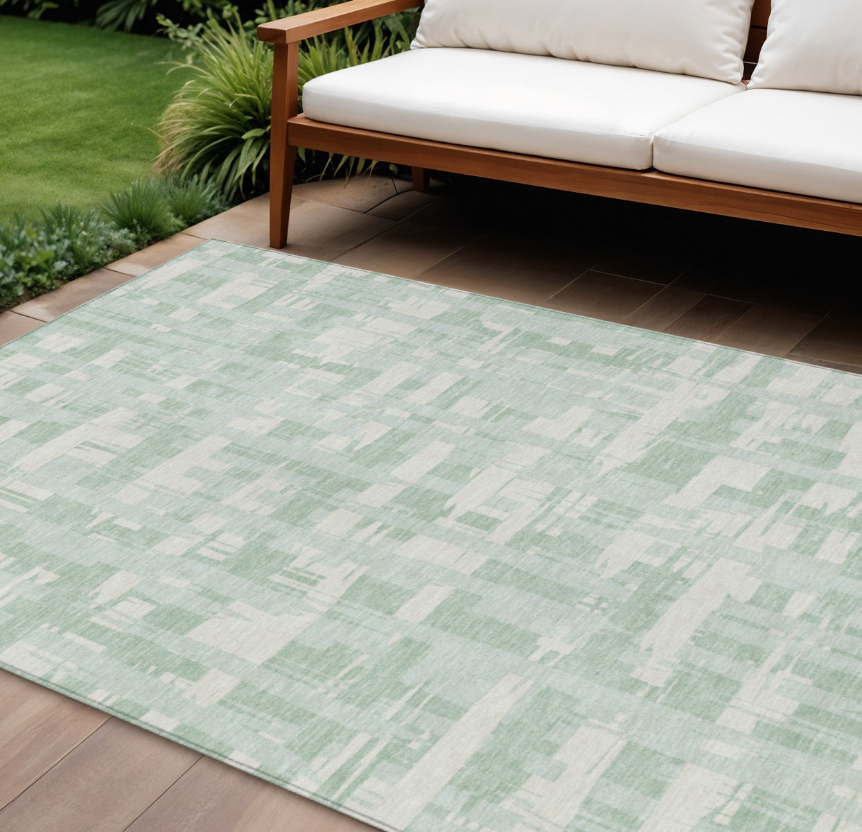 8 X 10 Mint Green Ivory And Pale Aqua Striped Washable Indoor Outdoor Area Rug
