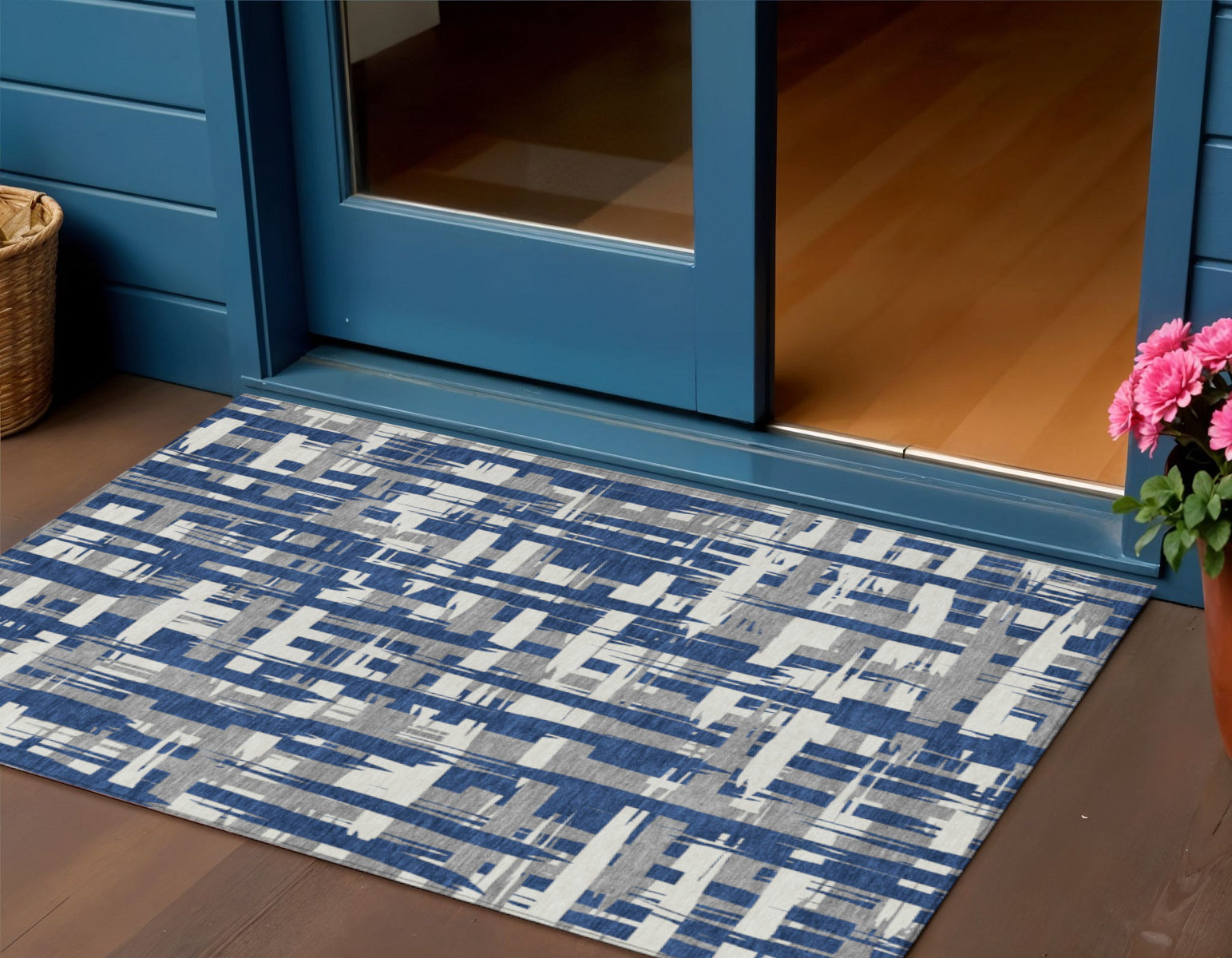 3 X 5 Navy Blue Gray And Ivory Striped Washable Indoor Outdoor Area Rug