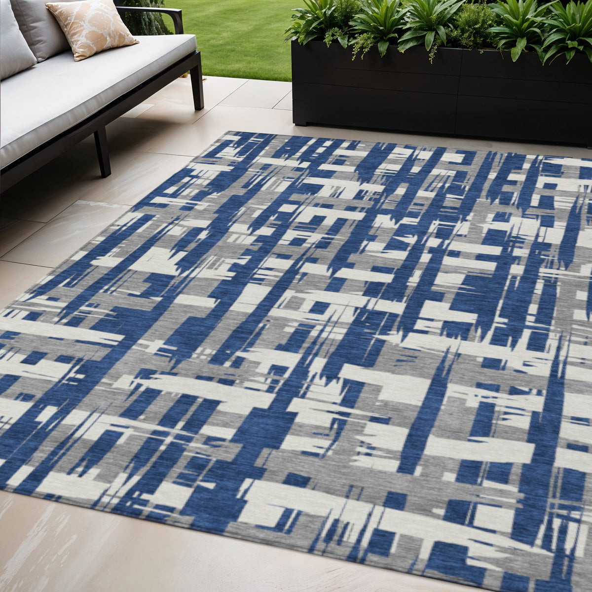 5 X 8 Navy Blue Gray And Ivory Striped Washable Indoor Outdoor Area Rug
