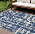 9 X 12 Navy Blue Gray And Ivory Striped Washable Indoor Outdoor Area Rug
