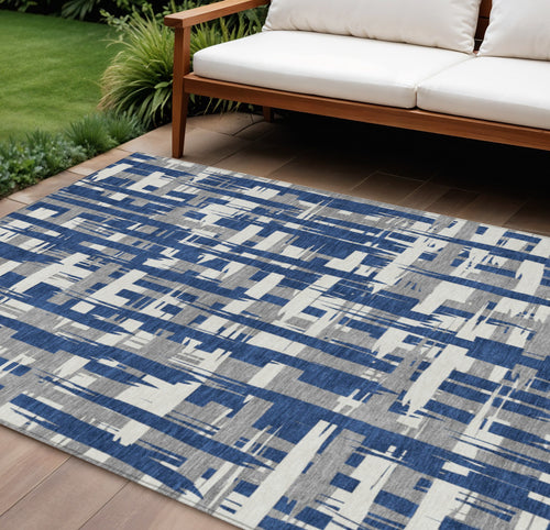 10 X 14 Navy Blue Gray And Ivory Striped Washable Indoor Outdoor Area Rug