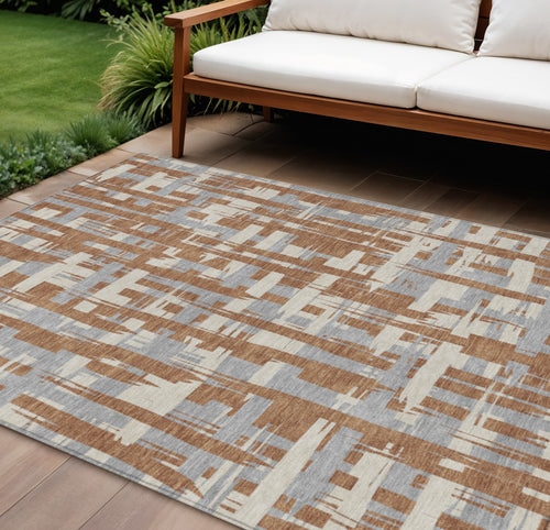 10 X 14 Rust Gray And Ivory Striped Washable Indoor Outdoor Area Rug
