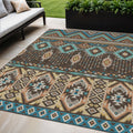5 X 8 Brown Teal Blue And Coral Aztec Washable Indoor Outdoor Area Rug