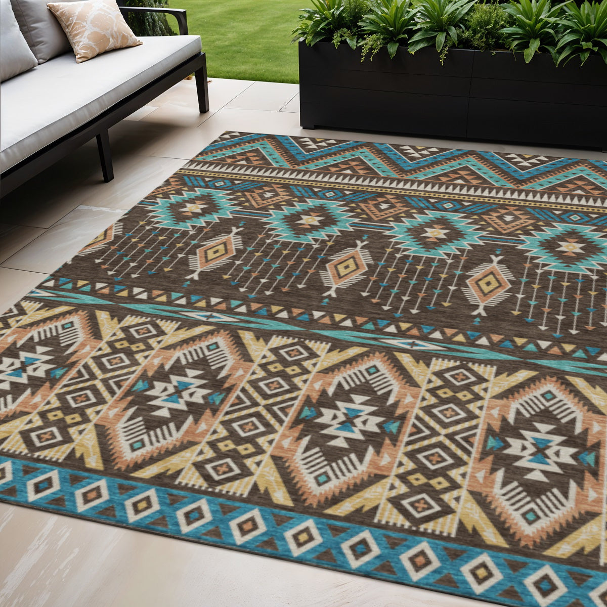 5 X 8 Brown Teal Blue And Coral Aztec Washable Indoor Outdoor Area Rug