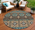 8 Brown Teal Blue And Coral Round Aztec Washable Indoor Outdoor Area Rug