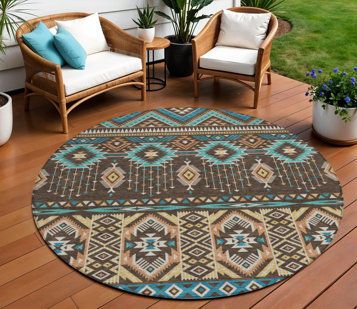8 Brown Teal Blue And Coral Round Aztec Washable Indoor Outdoor Area Rug