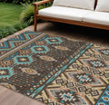 9 X 12 Brown Teal Blue And Coral Aztec Washable Indoor Outdoor Area Rug