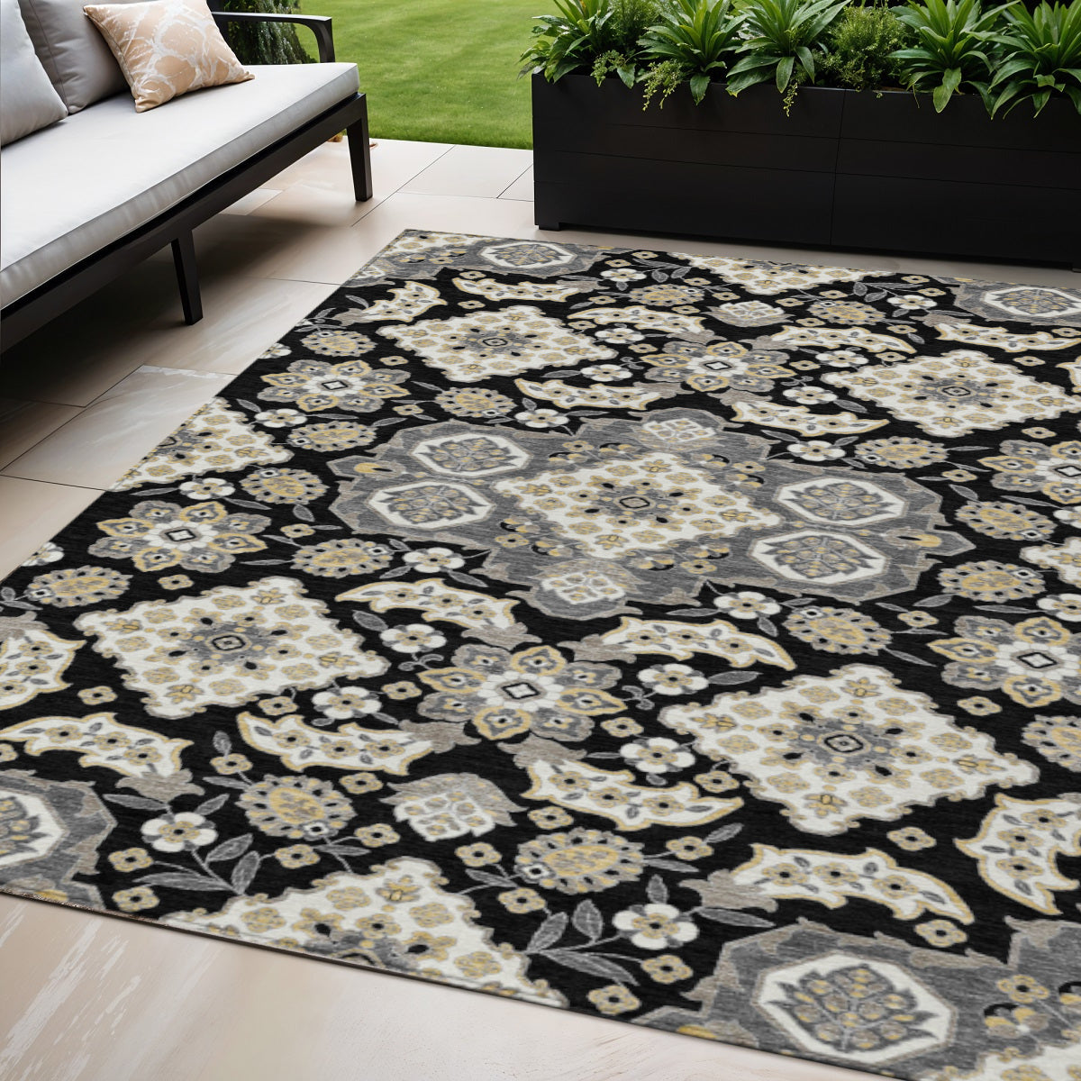 5 X 8 Black Gray And Beige Medallion Washable Indoor Outdoor Area Rug