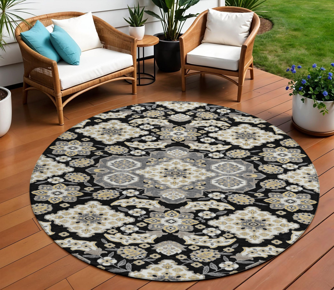 8 Black Gray And Beige Round Medallion Washable Indoor Outdoor Area Rug