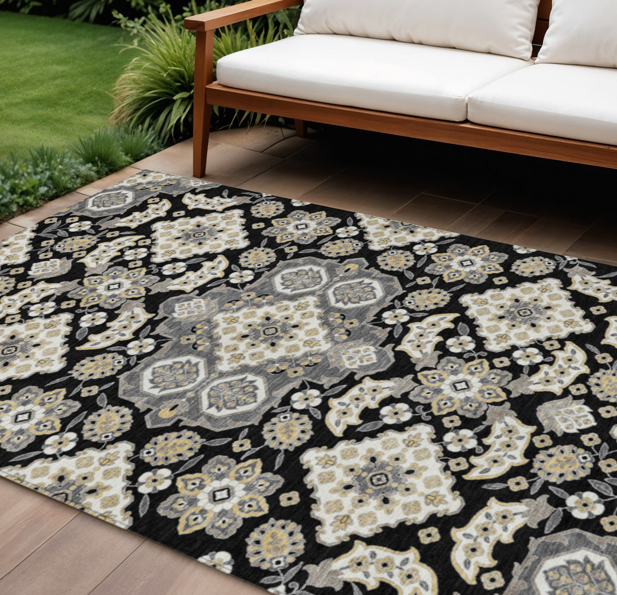 9 X 12 Black Gray And Beige Medallion Washable Indoor Outdoor Area Rug
