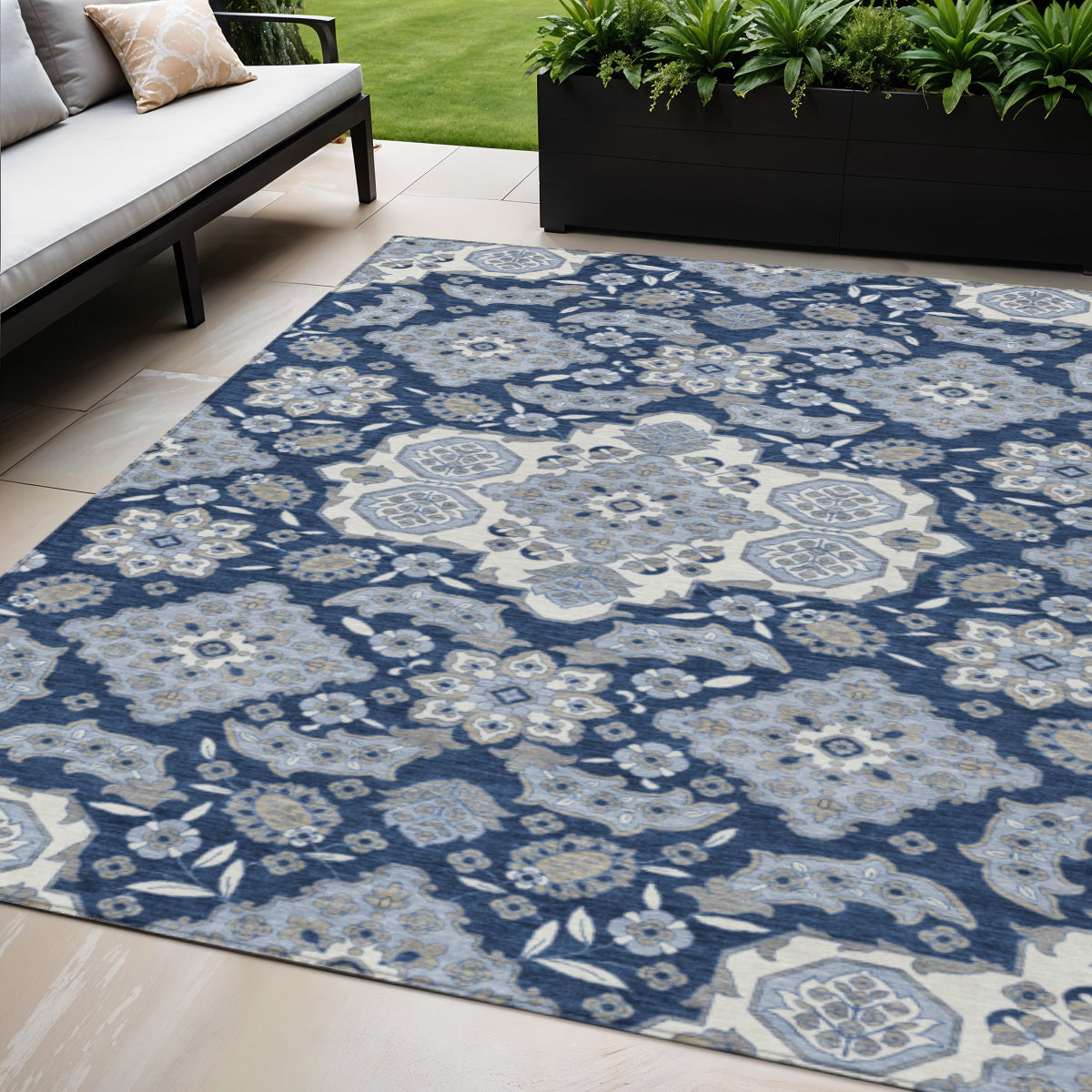 5 X 8 Blue Ivory And Gray Medallion Washable Indoor Outdoor Area Rug