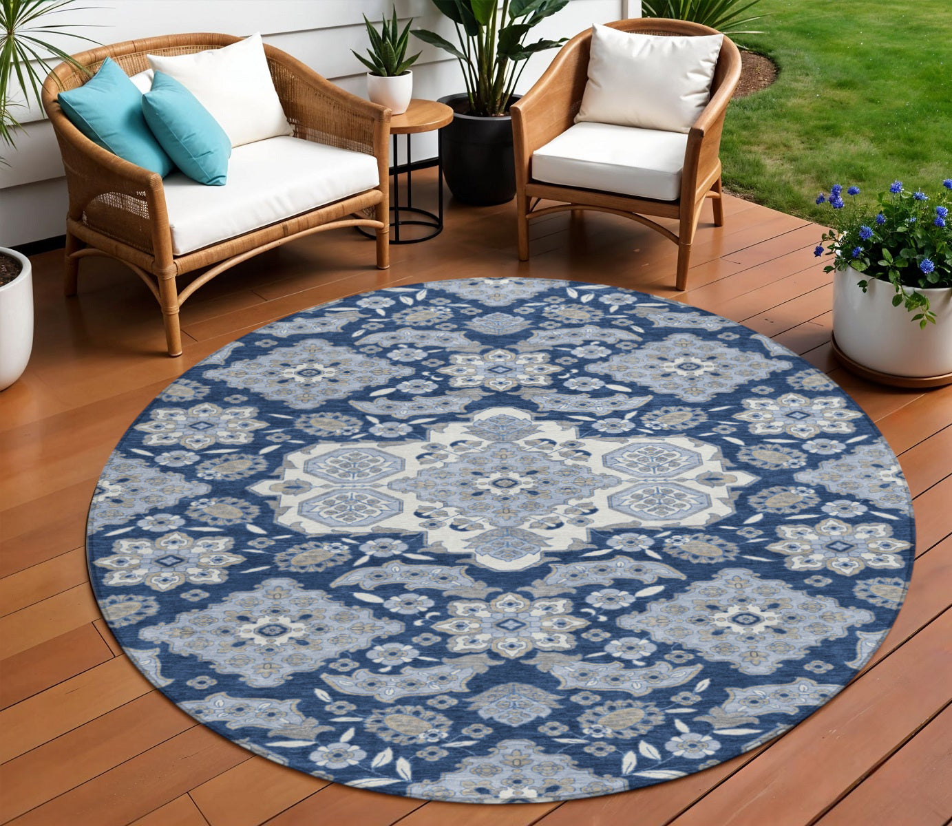 8 Blue Ivory And Gray Round Medallion Washable Indoor Outdoor Area Rug