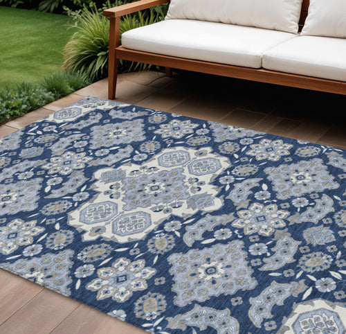 10 X 14 Blue Ivory And Gray Medallion Washable Indoor Outdoor Area Rug