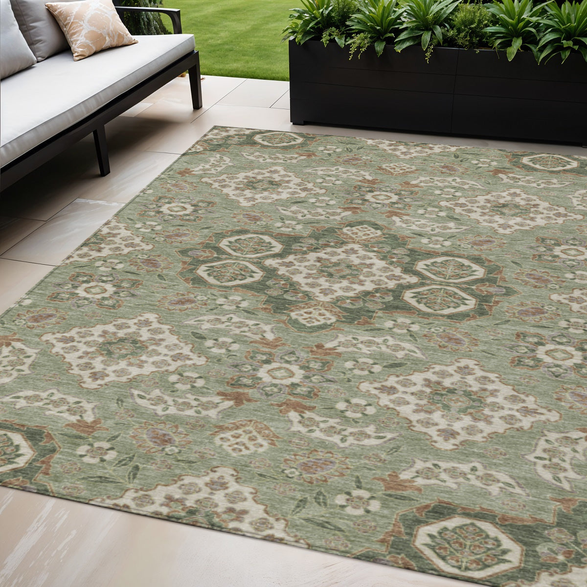 5 X 8 Sage Copper And Ivory Medallion Washable Indoor Outdoor Area Rug