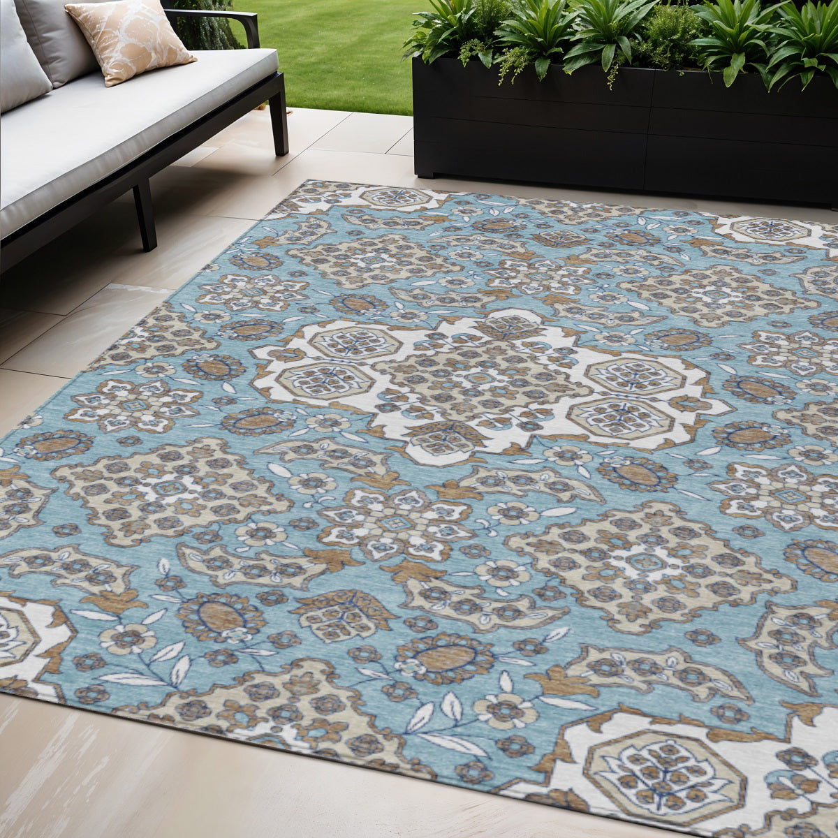 5 X 8 Sky Blue Taupe And Ivory Medallion Washable Indoor Outdoor Area Rug