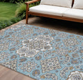 8 X 10 Sky Blue Taupe And Ivory Medallion Washable Indoor Outdoor Area Rug