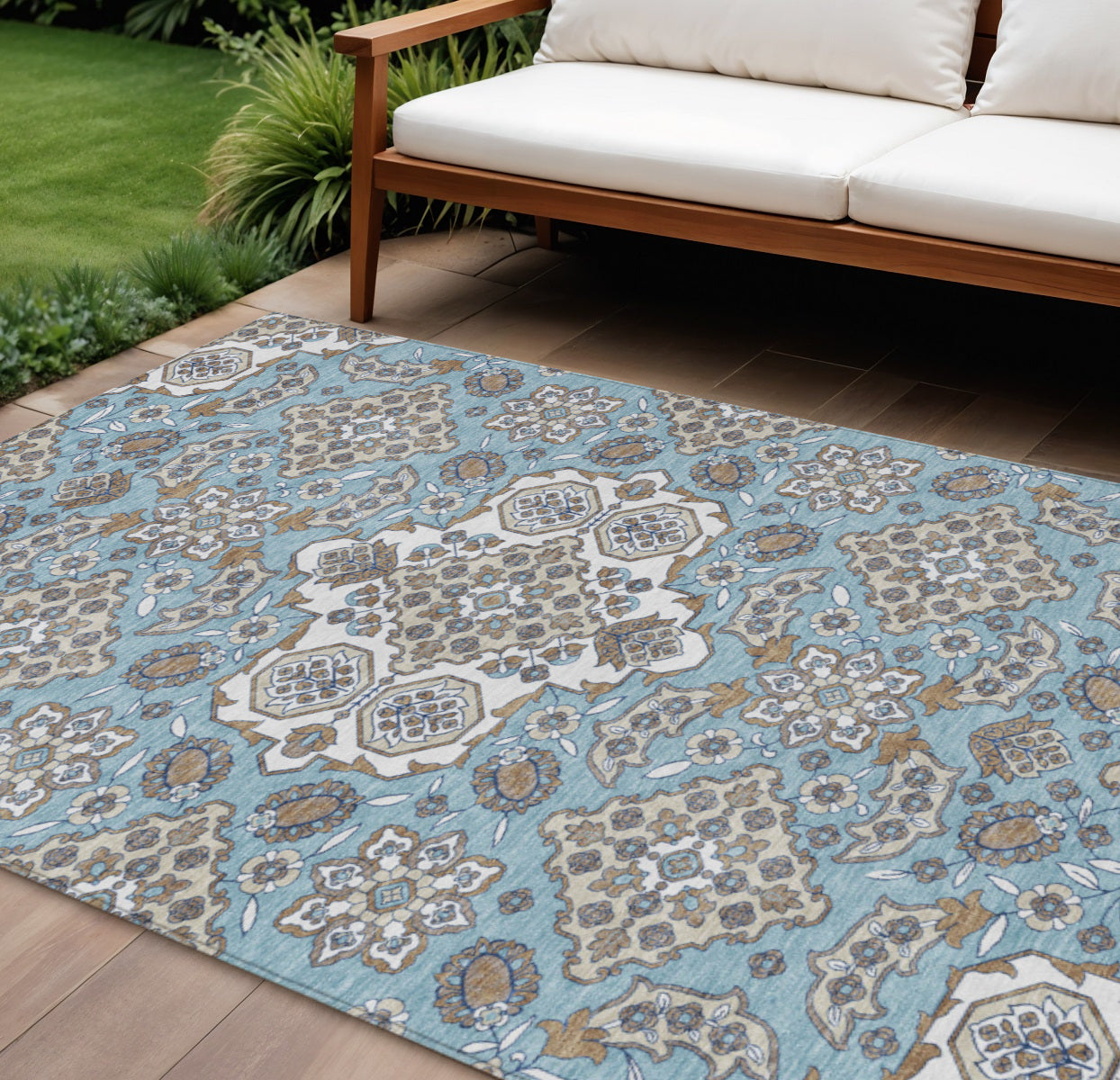10 X 14 Sky Blue Taupe And Ivory Medallion Washable Indoor Outdoor Area Rug