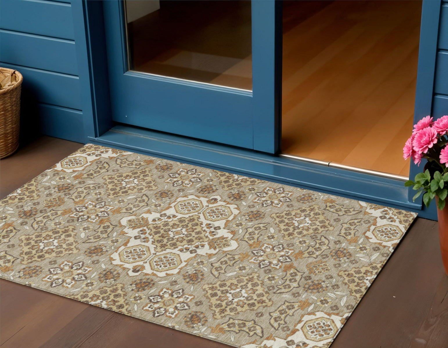 3 X 5 Taupe Copper And Beige Medallion Washable Indoor Outdoor Area Rug