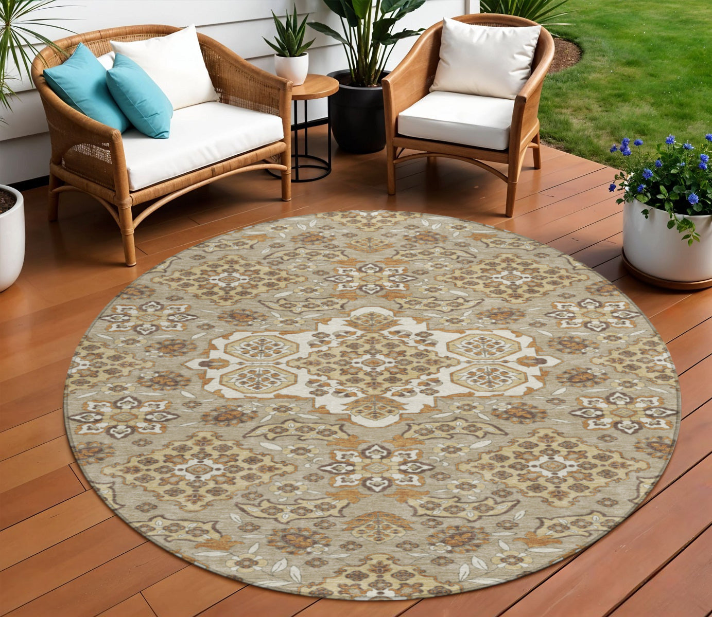 8 Taupe Copper And Beige Round Medallion Washable Indoor Outdoor Area Rug