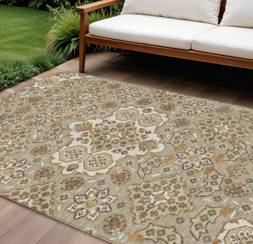 10 X 14 Taupe Copper And Beige Medallion Washable Indoor Outdoor Area Rug